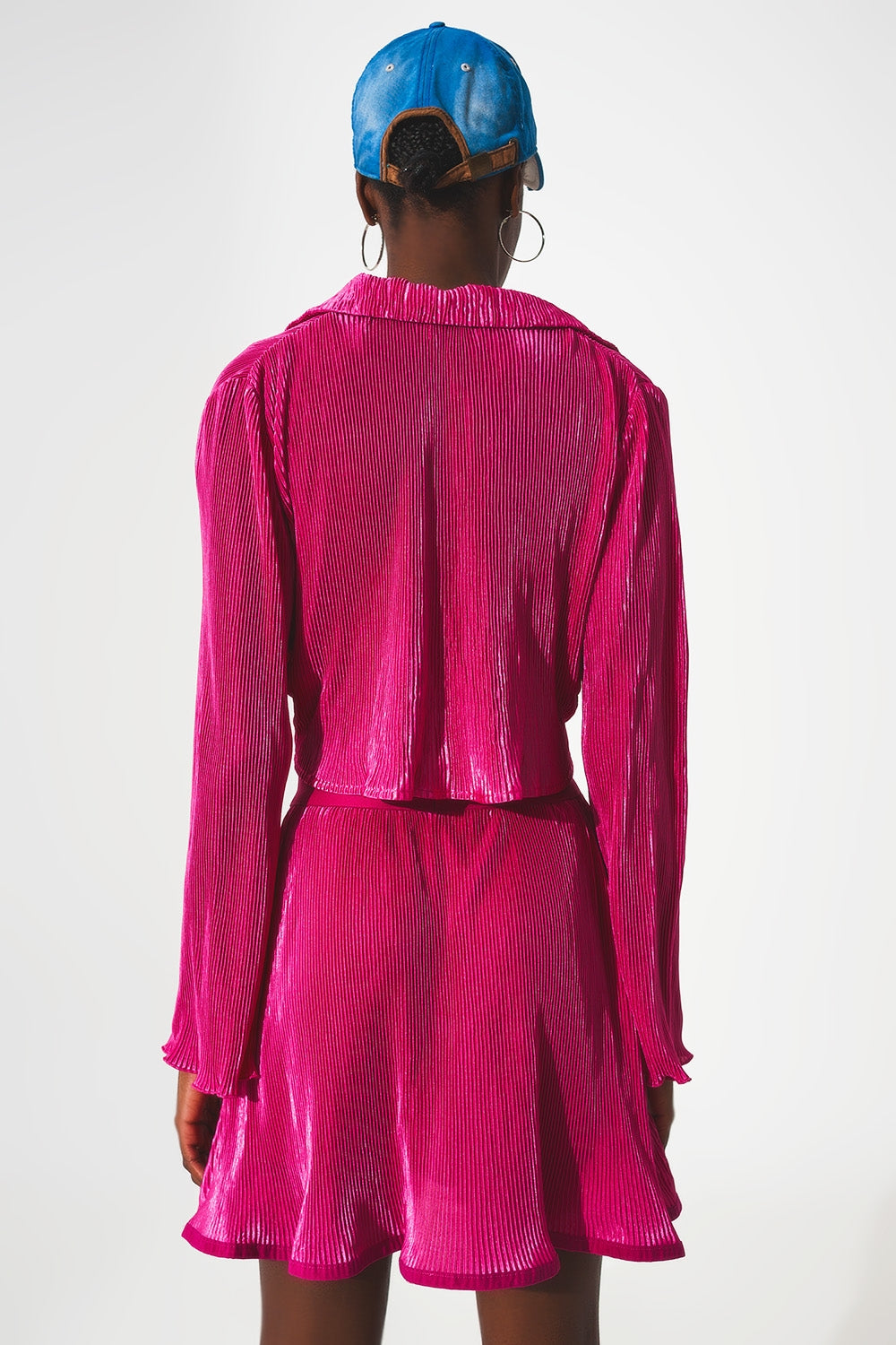 Q2 - Tie Front Pleated Crop Top  in Fuchsia - 1 COLOR -