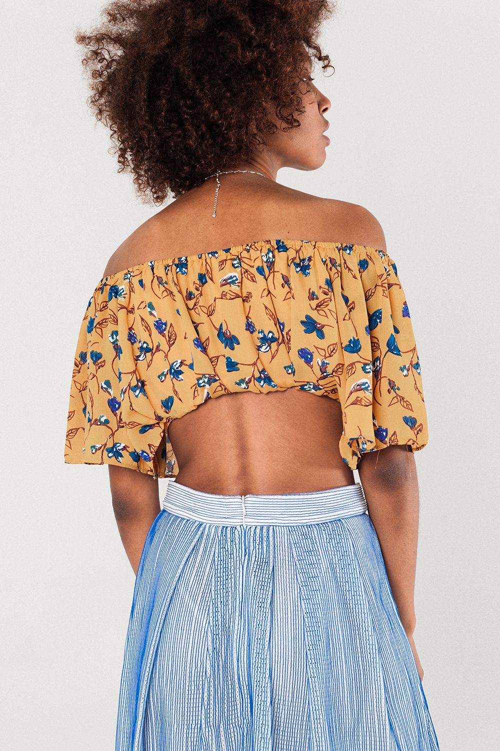 Q2 - Off Shoulder Floral Crop Top in Mustard - 1 COLOR -