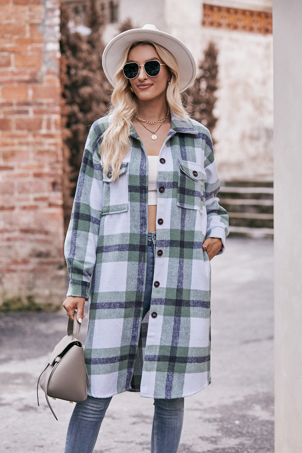 Plaid Dropped Shoulder Longline Jacket - T - 3 COLORS -