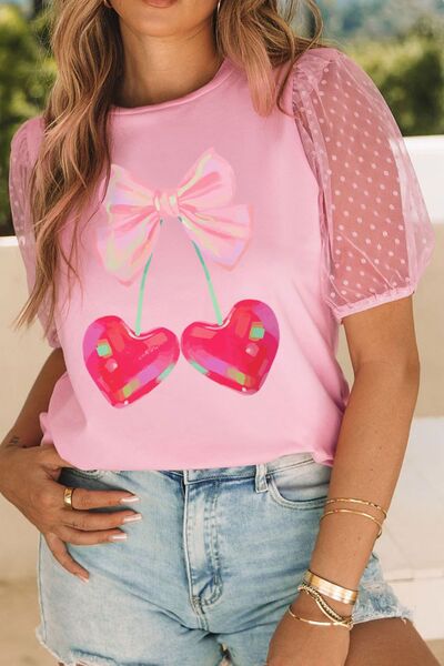 Cherry Heart Bow Round Neck Short Sleeve T-Shirt