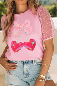 Thumbnail for Cherry Heart Bow Round Neck Short Sleeve T-Shirt