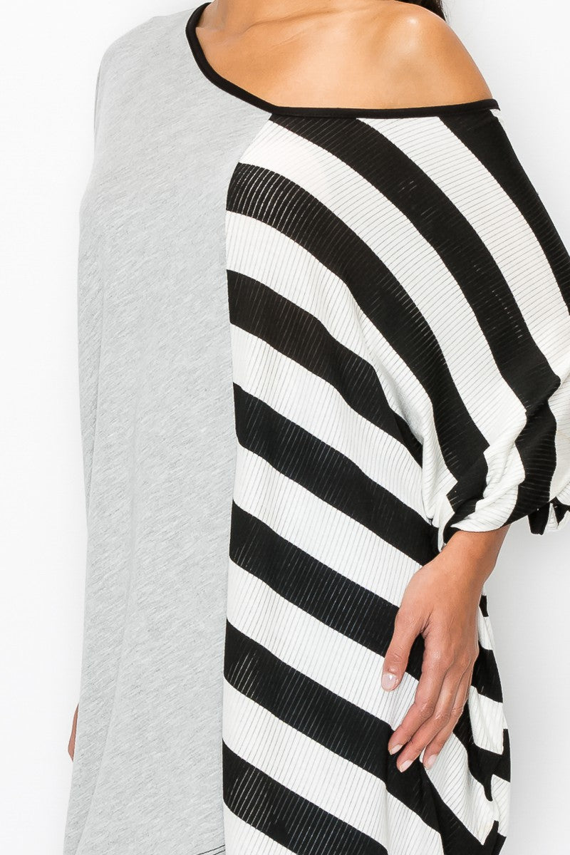 Stylespect - Stripe and Solid Contrast Oversized Top - Grey/Black - 1 COLOR -