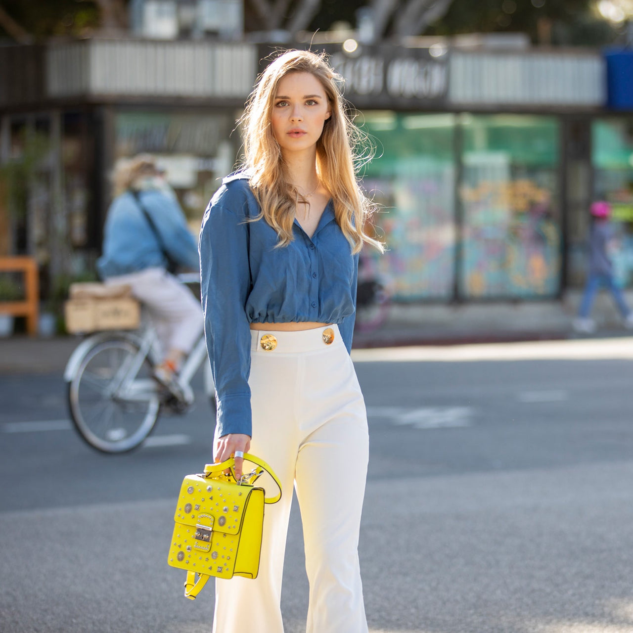 The Hollywood Backpack Purse Leather Yellow -