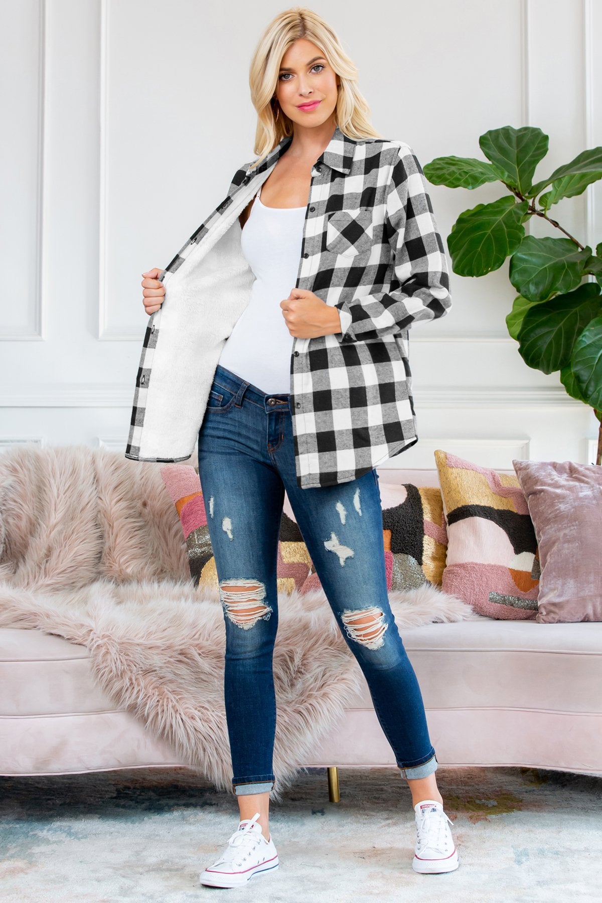 Riah Fashion - Sherpa Lined Plaid Flannel Top - 5 COLORS -