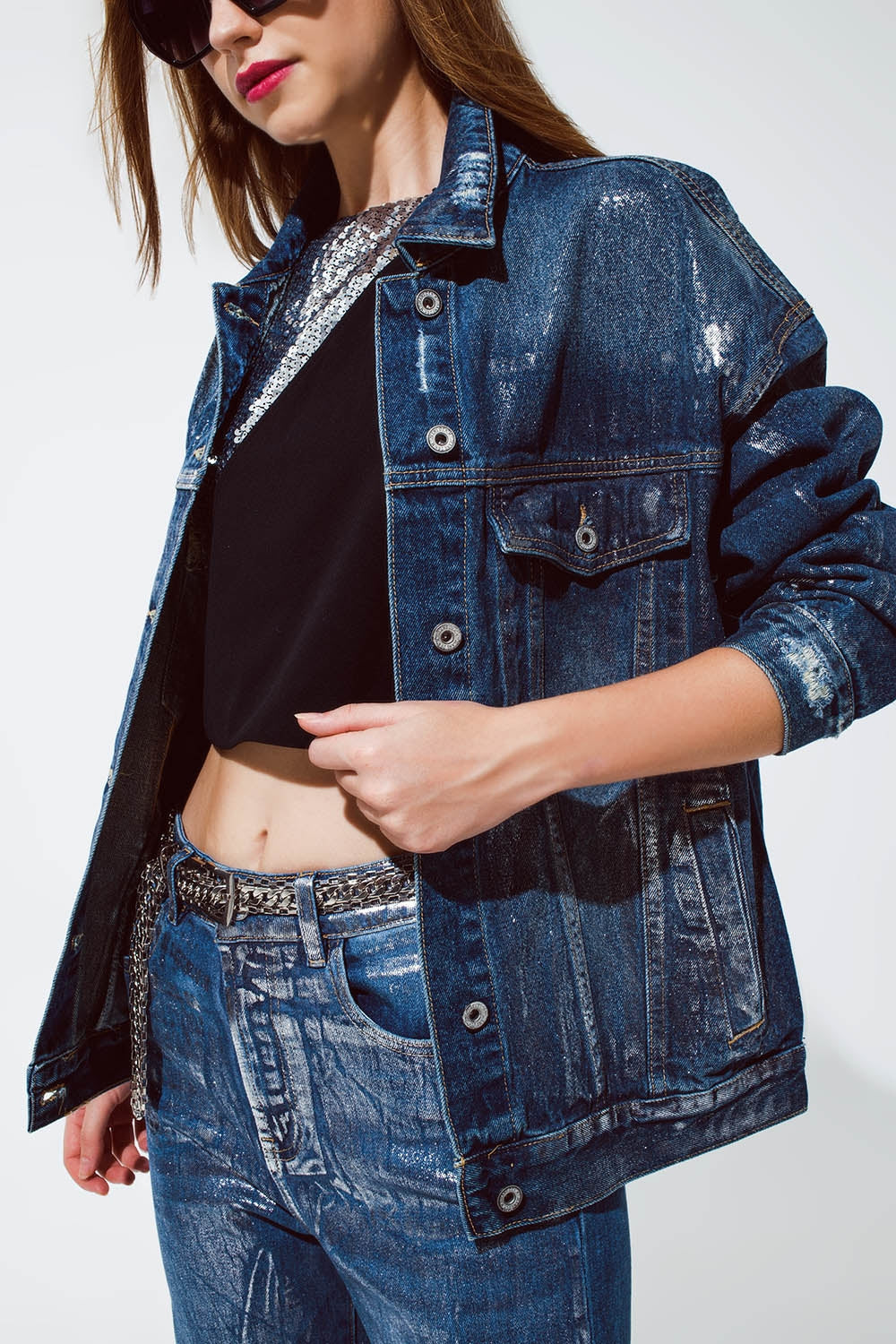 Q2 - Oversized Denim Jacket With Silver Metallic Finished - 1 COLOR -