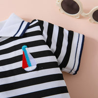 Thumbnail for Embroidered Collared Neck Short Sleeve Romper - T - 1 SOLID, 1 STRIPE -