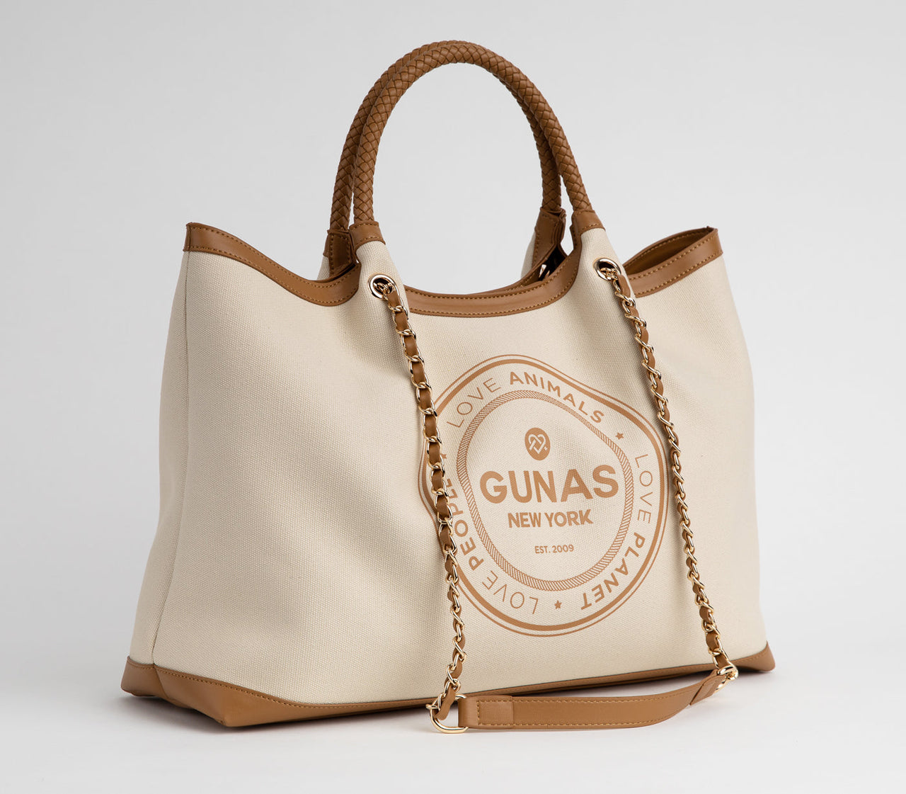 GUNAS NEW YORK - RUTH - Off White/Tan Vegan Canvas Tote / comes with dust pouch - 1 COLOR -