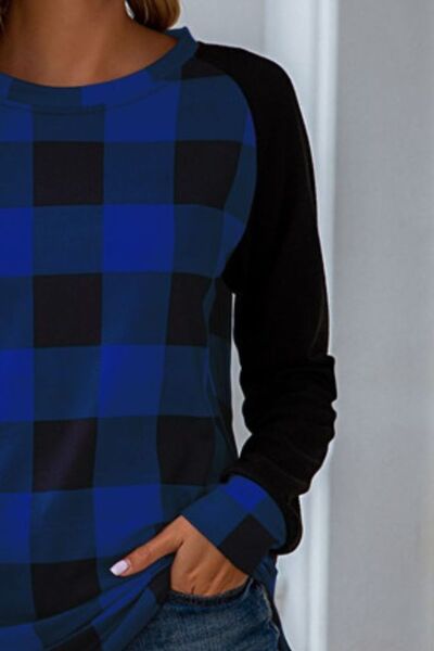 Plaid Round Neck Long Sleeve T-Shirt - T - 5 COLORS -