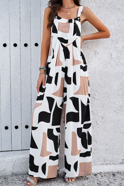 Printed Wide Strap Jumpsuit with Pockets - T - 4 COLORS -