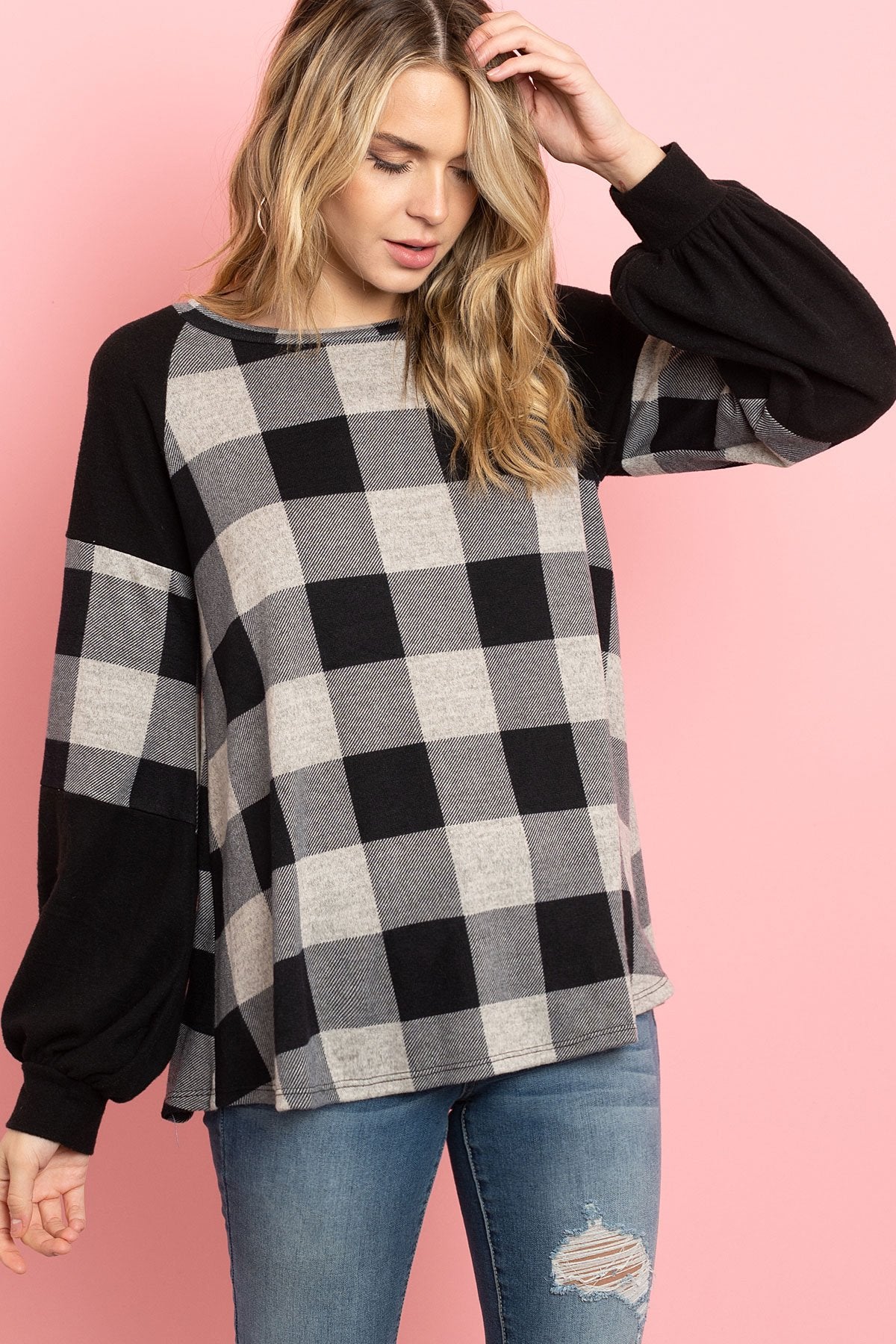 Riah Fashion - Solid Contrast Puff Sleeves Plaid Top - 3 COLORS -