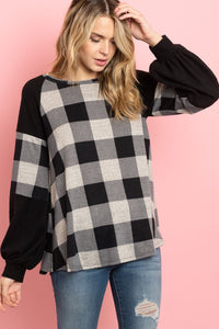 Thumbnail for Riah Fashion - Solid Contrast Puff Sleeves Plaid Top - 3 COLORS -