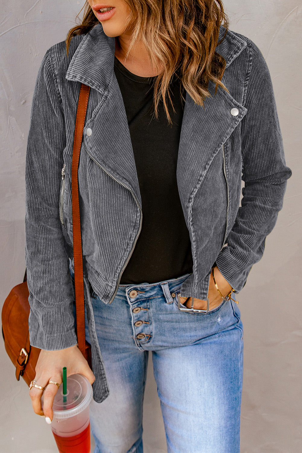 Belted Zip-Up Corduroy Jacket - T - 4 COLORS -