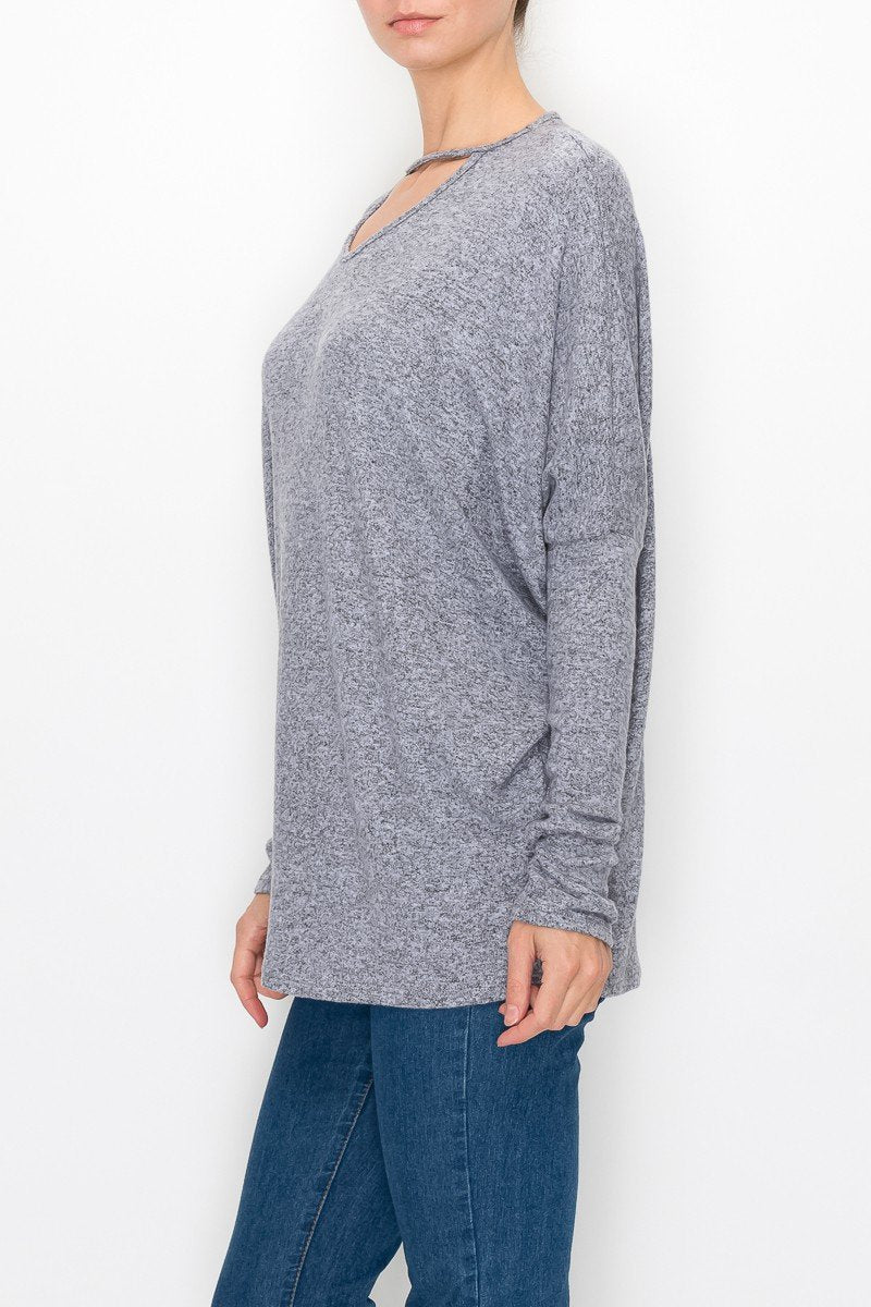 Stylespect - Cutout Front Long Sleeve Top - Grey - 1 COLOR -