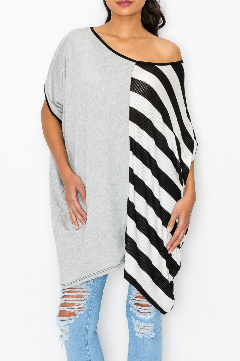 Stylespect - Stripe and Solid Contrast Oversized Top - Grey/Black - 1 COLOR -