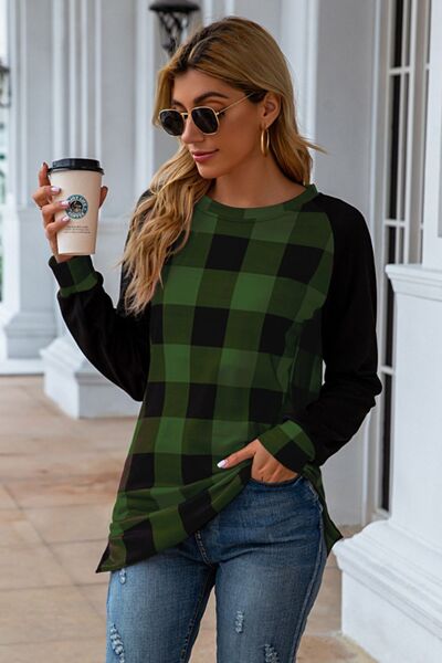 Plaid Round Neck Long Sleeve T-Shirt - T - 5 COLORS -