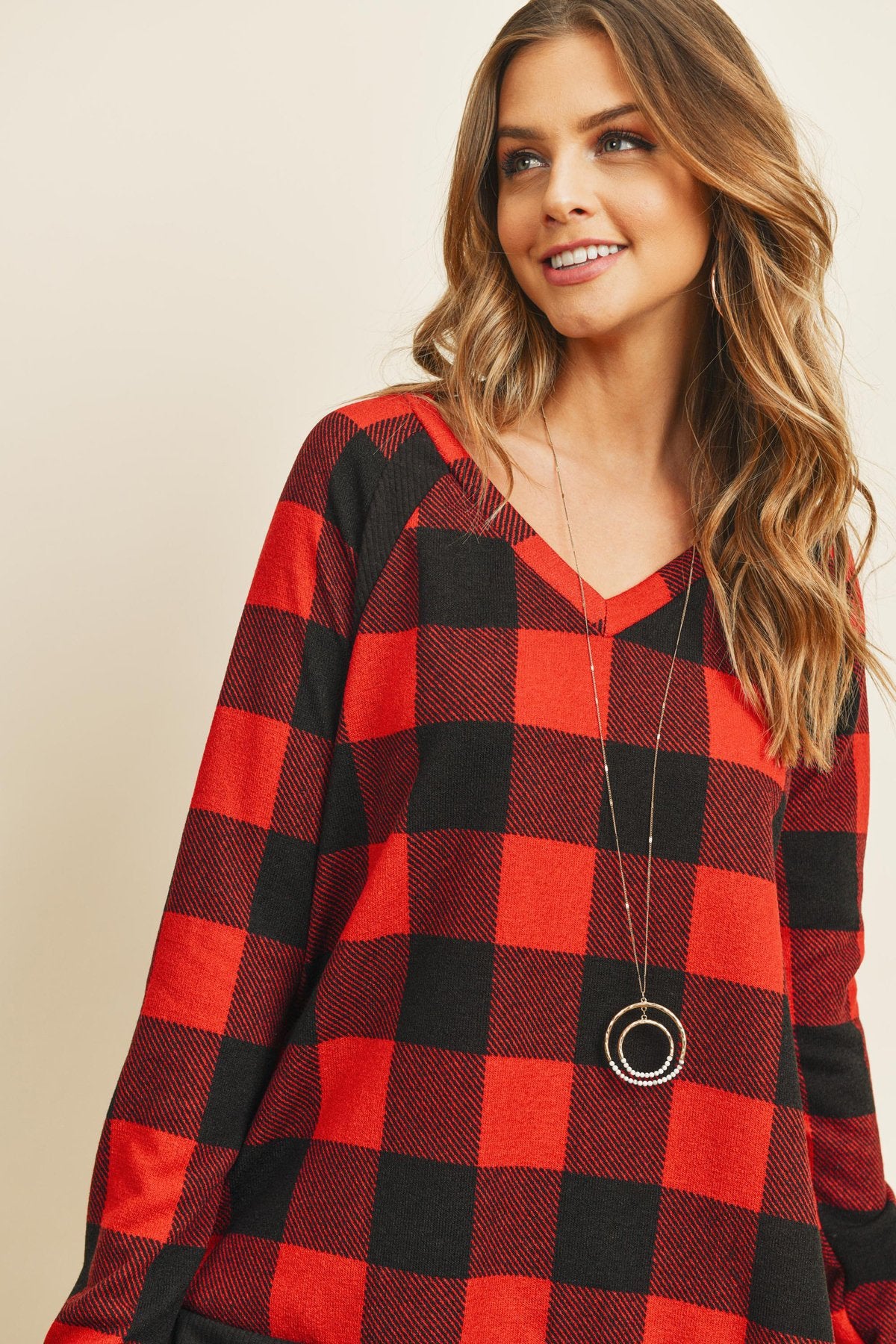 Riah Fashion - Checker Plaid V-Neck Long Sleeve Top - 2 COLORS -