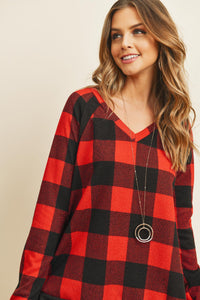 Thumbnail for Riah Fashion - Checker Plaid V-Neck Long Sleeve Top - 2 COLORS -