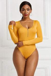 Thumbnail for Half Zip Scoop Neck Long Sleeve Bodysuit - T - 10 COLORS -