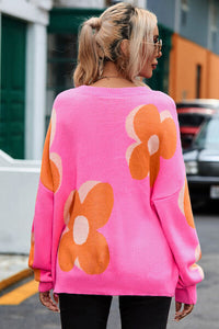 Thumbnail for Flower Round Neck Dropped Shoulder Sweater - T - 1 COLOR -