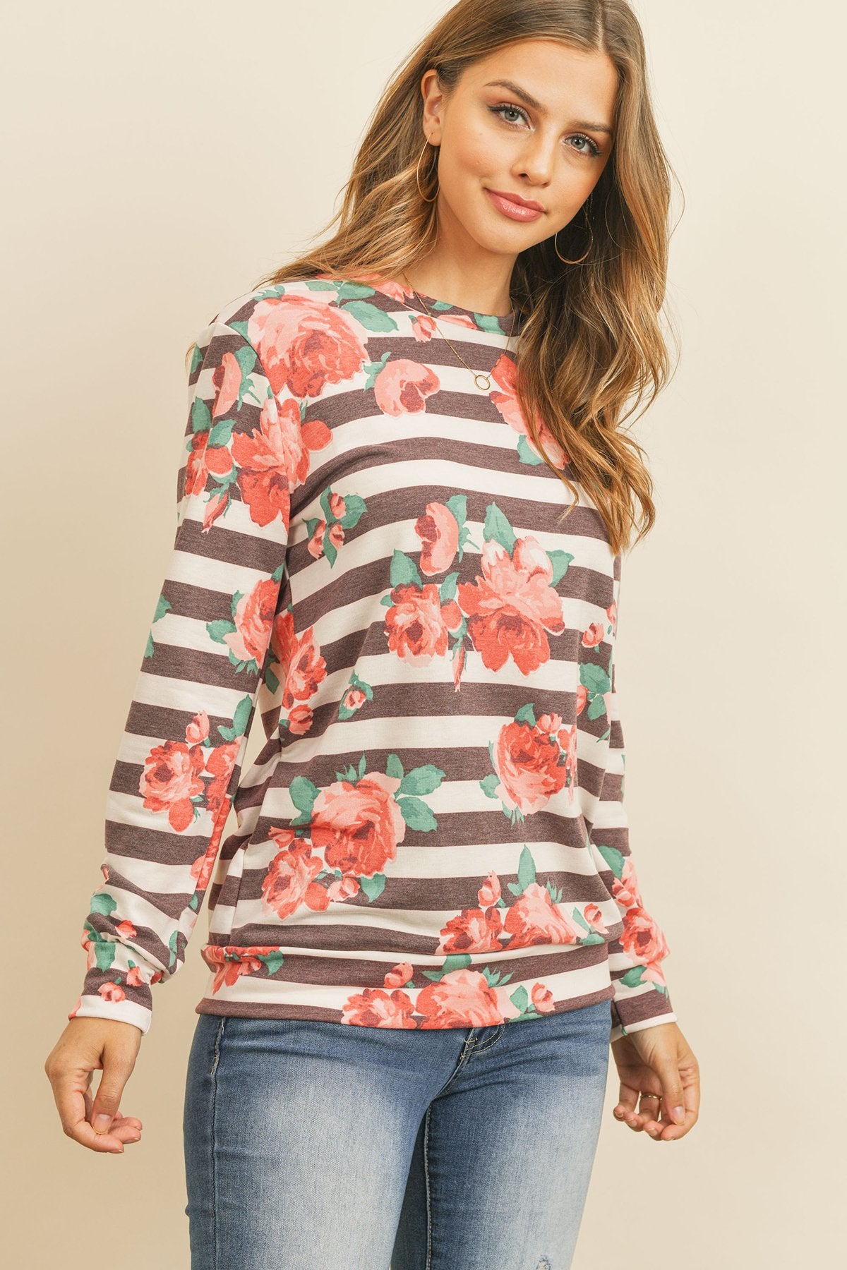 Riah Fashion - Round Neck Floral Striped Pullover - 1 COLOR -