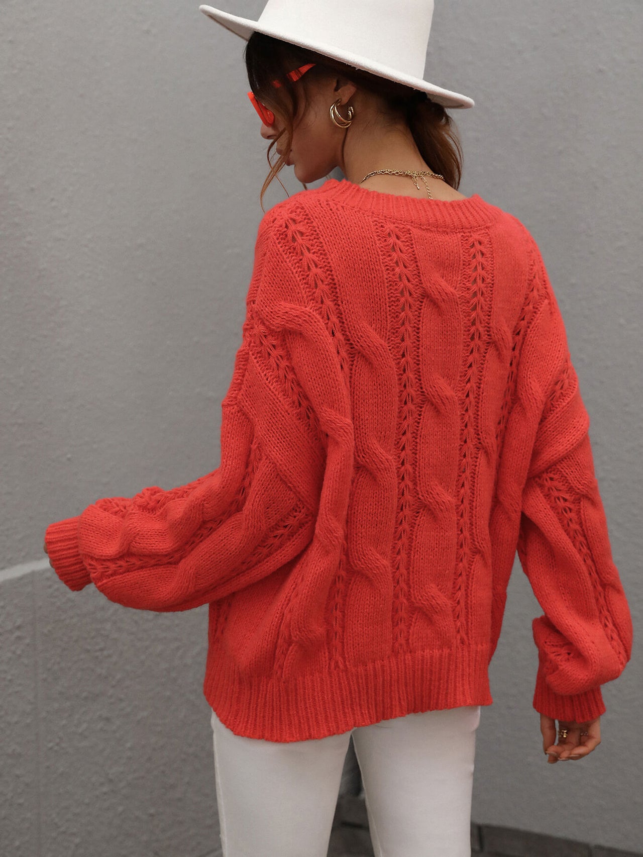 Woven Right Cable-Knit Openwork Round Neck Sweater - T - 6 COLORS -