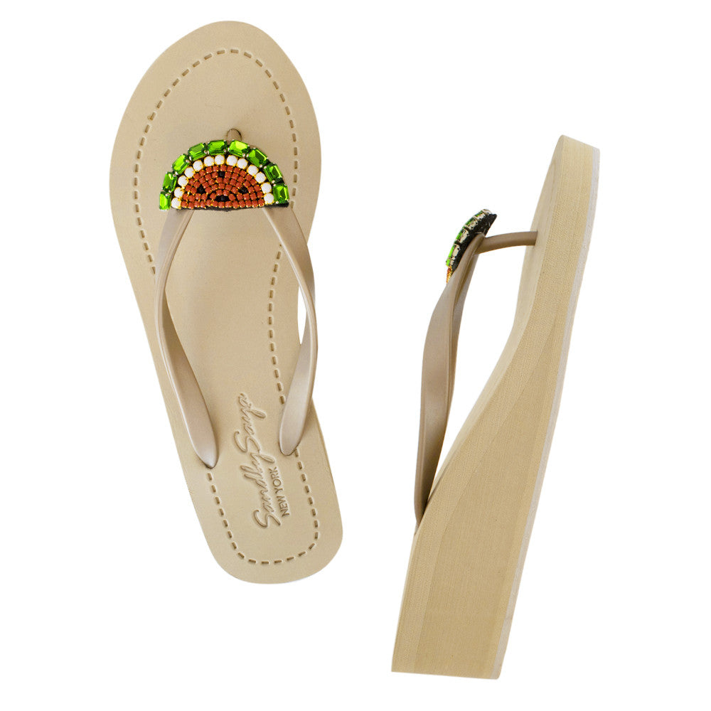 SAND BY SAYA N.Y. - Watermelon - Rhinestone Mid Wedge Flip Flops - 2 COLORS -