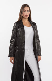 Thumbnail for Fadcloset - Ladies 3 Button Matrix Black Full Length Leather Coat - 1 COLOR -