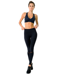 Thumbnail for Savoy - Athletique Low-Waisted Ribbed Leggings With Hidden Pocket and Mesh Panels - Black - 1 COLOR -