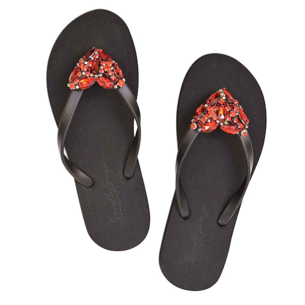 SAND BY SAYA N.Y. - Red Heart - Rhinestone Flat Flip Flops Sandal - 4 COLORS