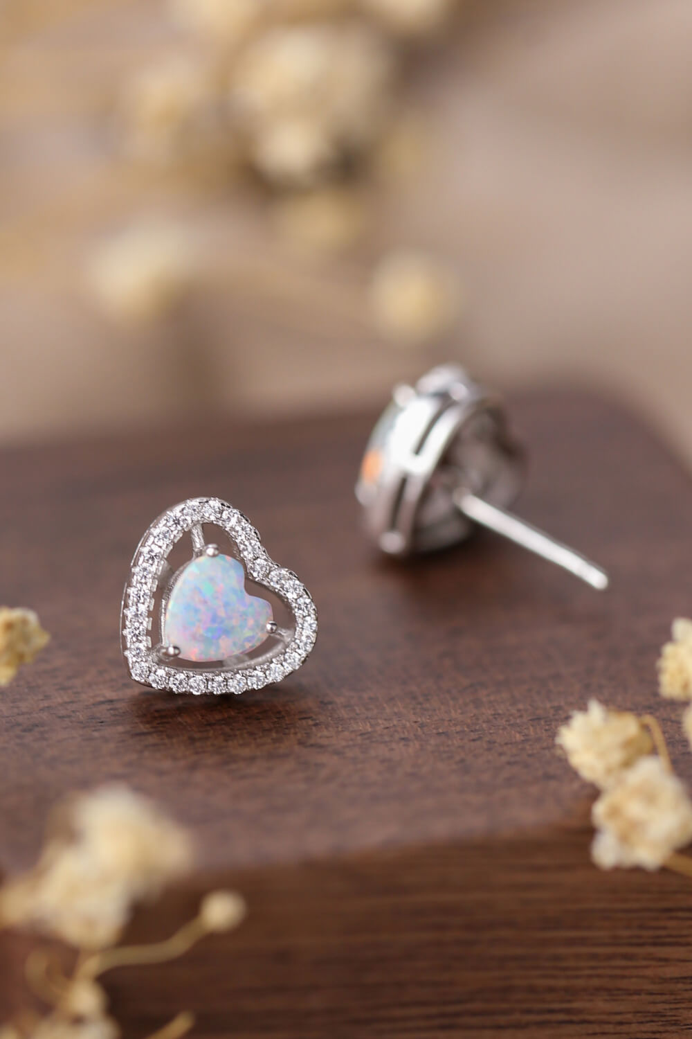 925 Sterling Silver Opal Heart Stud Earrings - T - 2 COLORS -