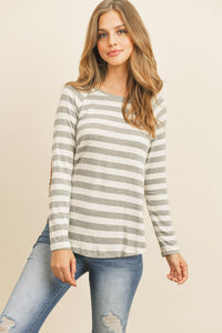 Thumbnail for Riah Fashion - Elbow Suede Patch Striped Tunic - 6 COLORS -