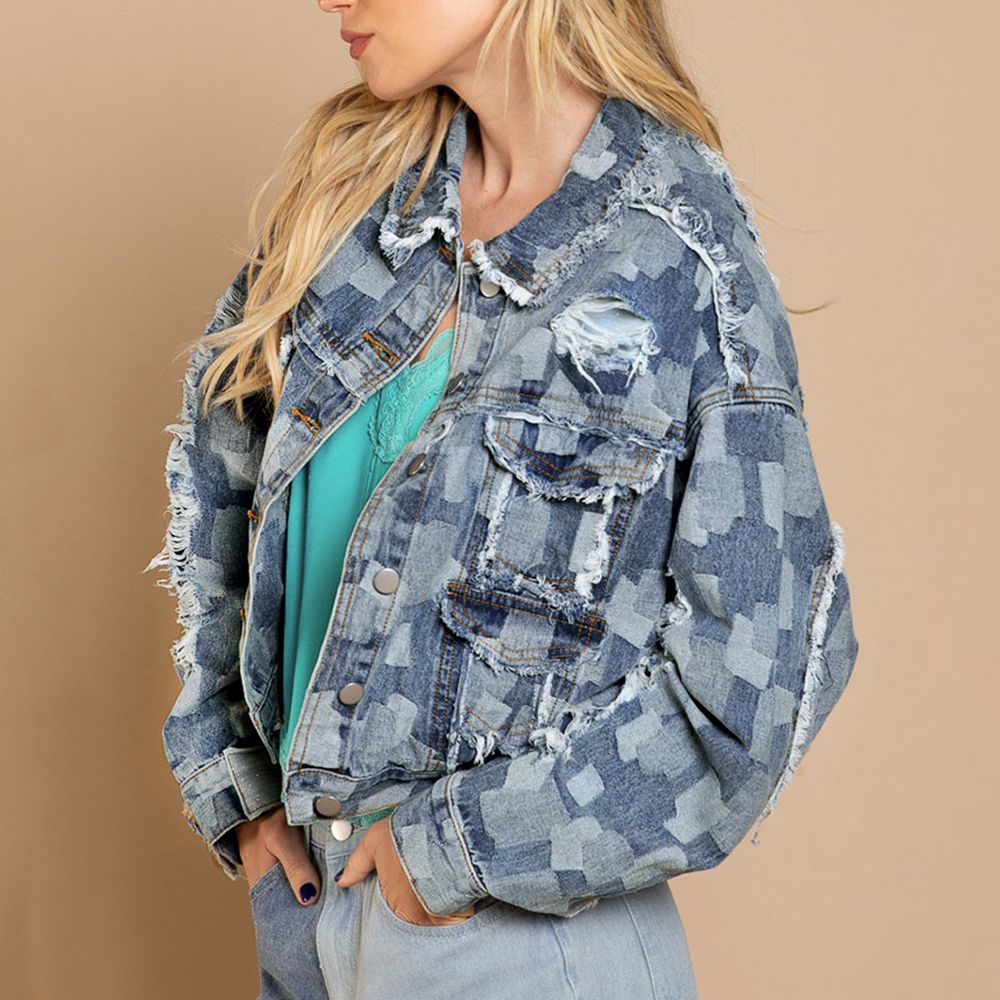 Plaid Denim - Raw Hem Dropped Shoulder Denim Jacket - T - 1 COLOR -