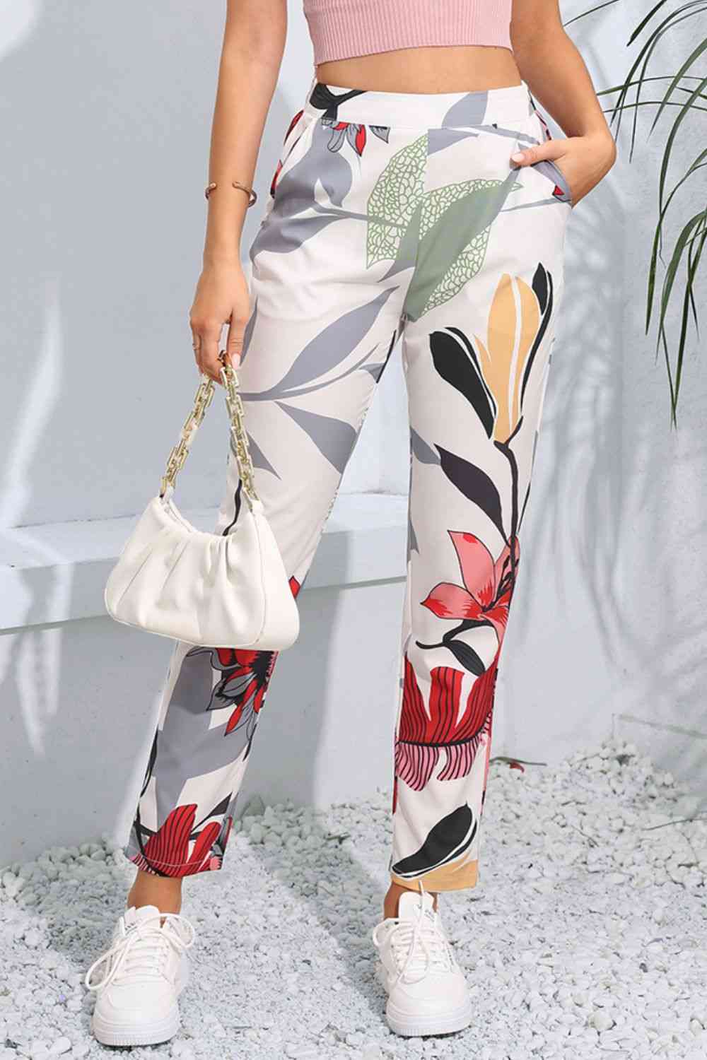 Floral Print Cropped Pants with Pockets - T - 1 COLOR -