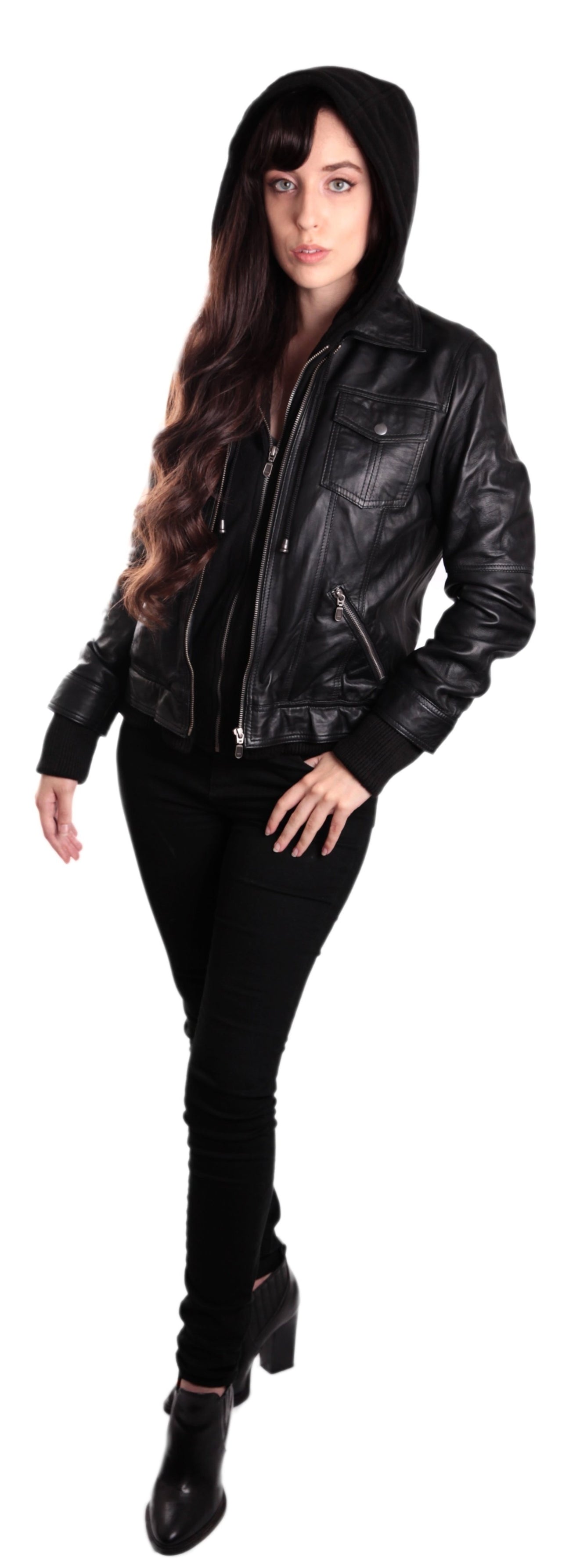 Fadcloset - Hooded Bomber Womens Leather Jacket - 1 COLOR -