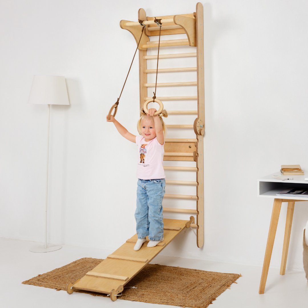 3in1: Wooden Swedish Wall / Climbing Ladder for Children + Swing Set + Slide Board