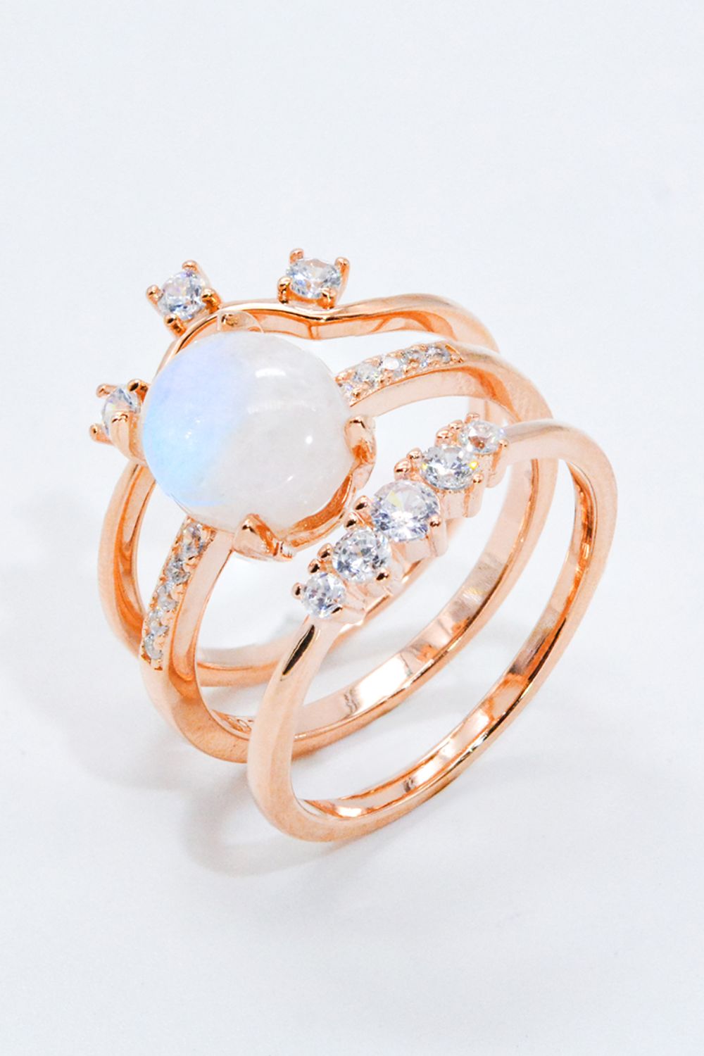 Natural Moonstone and Zircon Three-Piece Ring Set - T - SIZES 6 THRU 9 - 1 FINISH -