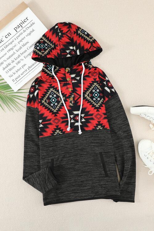 Geometric Long Sleeve Drawstring Hoodie - T - 1 COLOR -