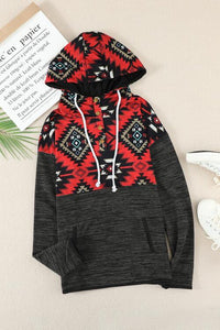 Thumbnail for Geometric Long Sleeve Drawstring Hoodie - T - 1 COLOR -