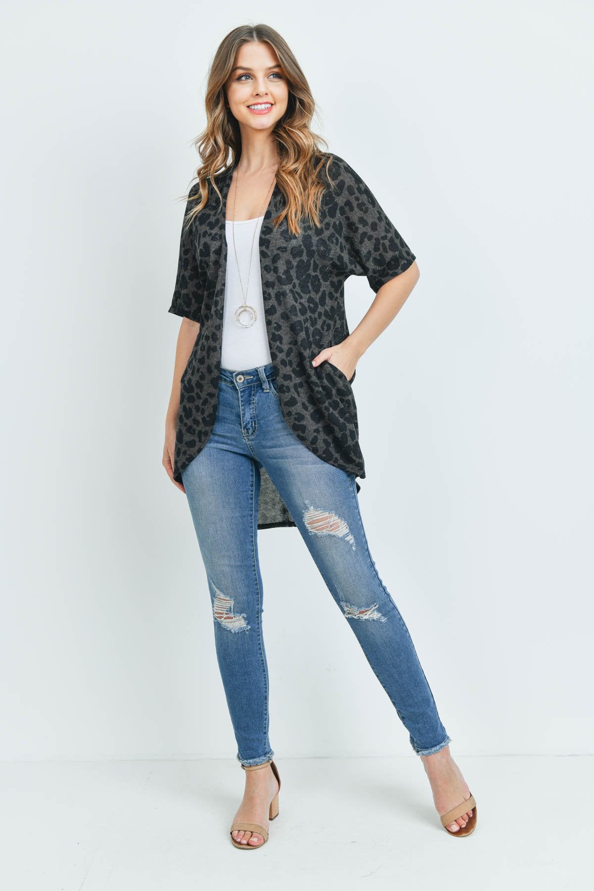 Riah Fashion - Leopard Short Sleeves Open Front Hi-Low Cardigan - 3 COLORS -