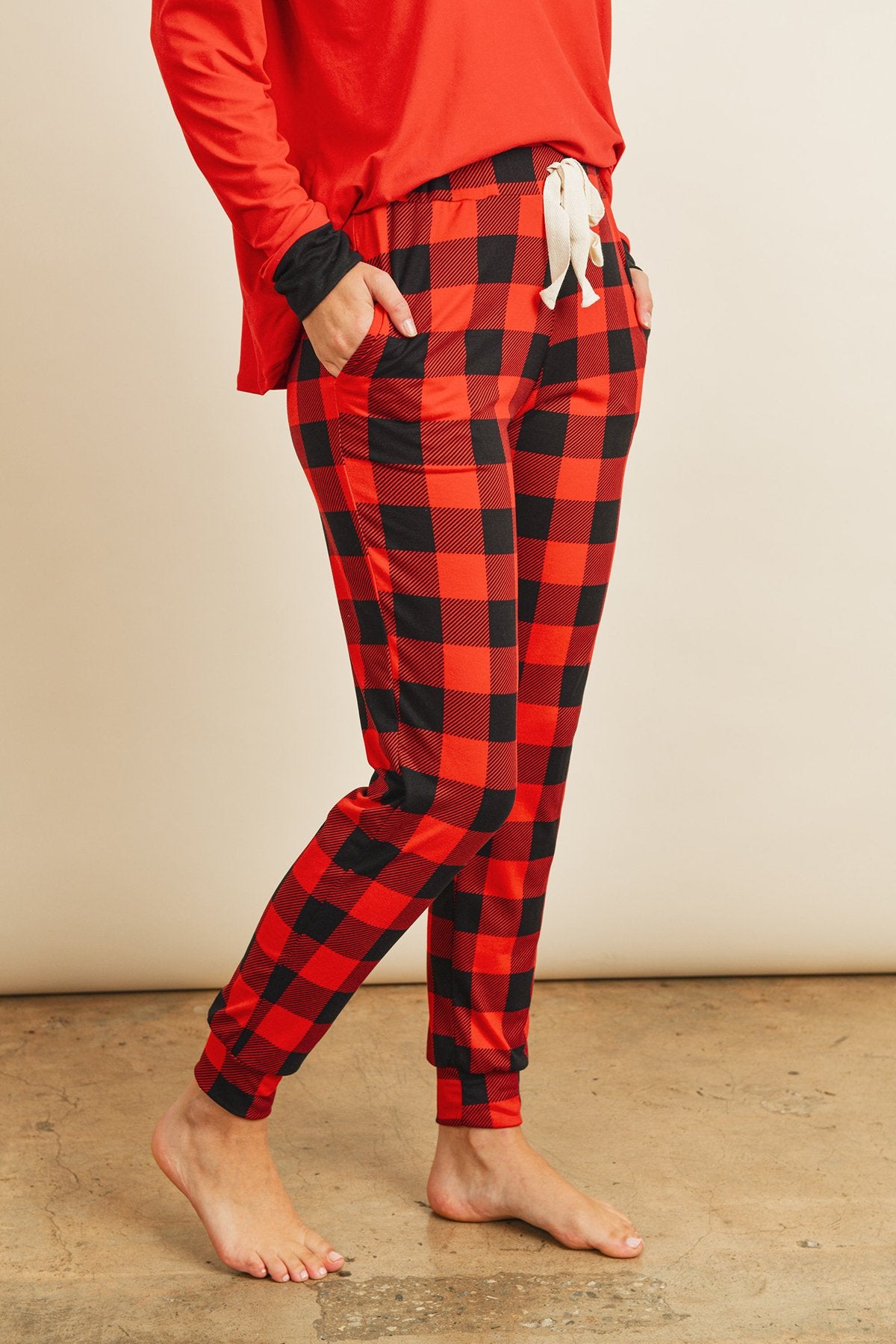 Riah Fashion - Solid Top and Plaid Joggers Set With Self Tie - 2 PCS. - 1 COLOR -