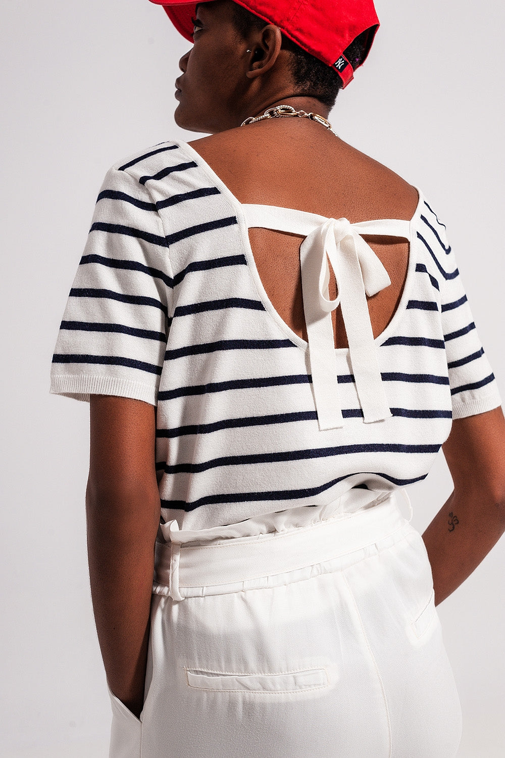 Q2 - Open Back Lace Up Stripes Jumper in Navy - 1 COLOR -