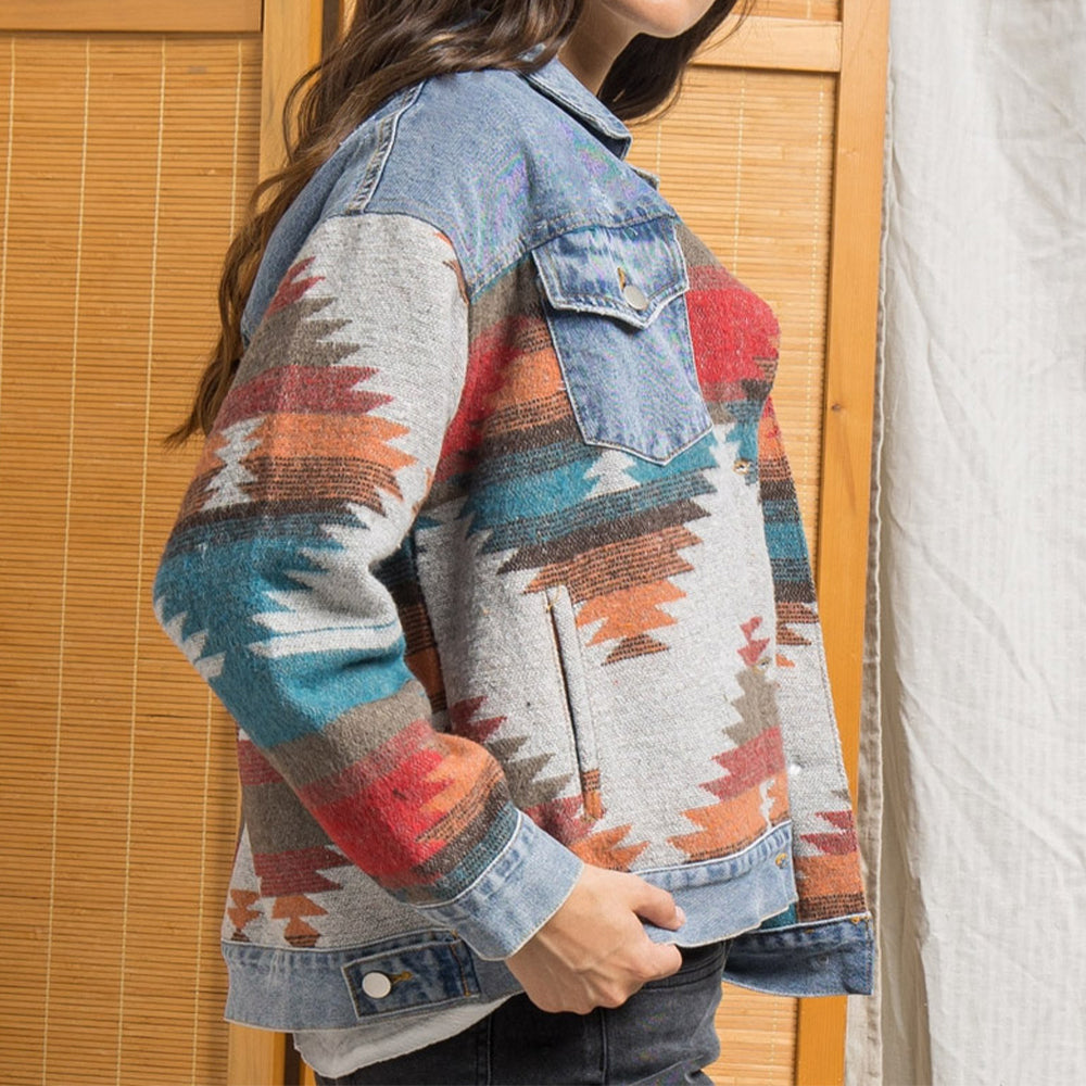 Printed Button Down Denim Shacket - T - 2 COLORS -