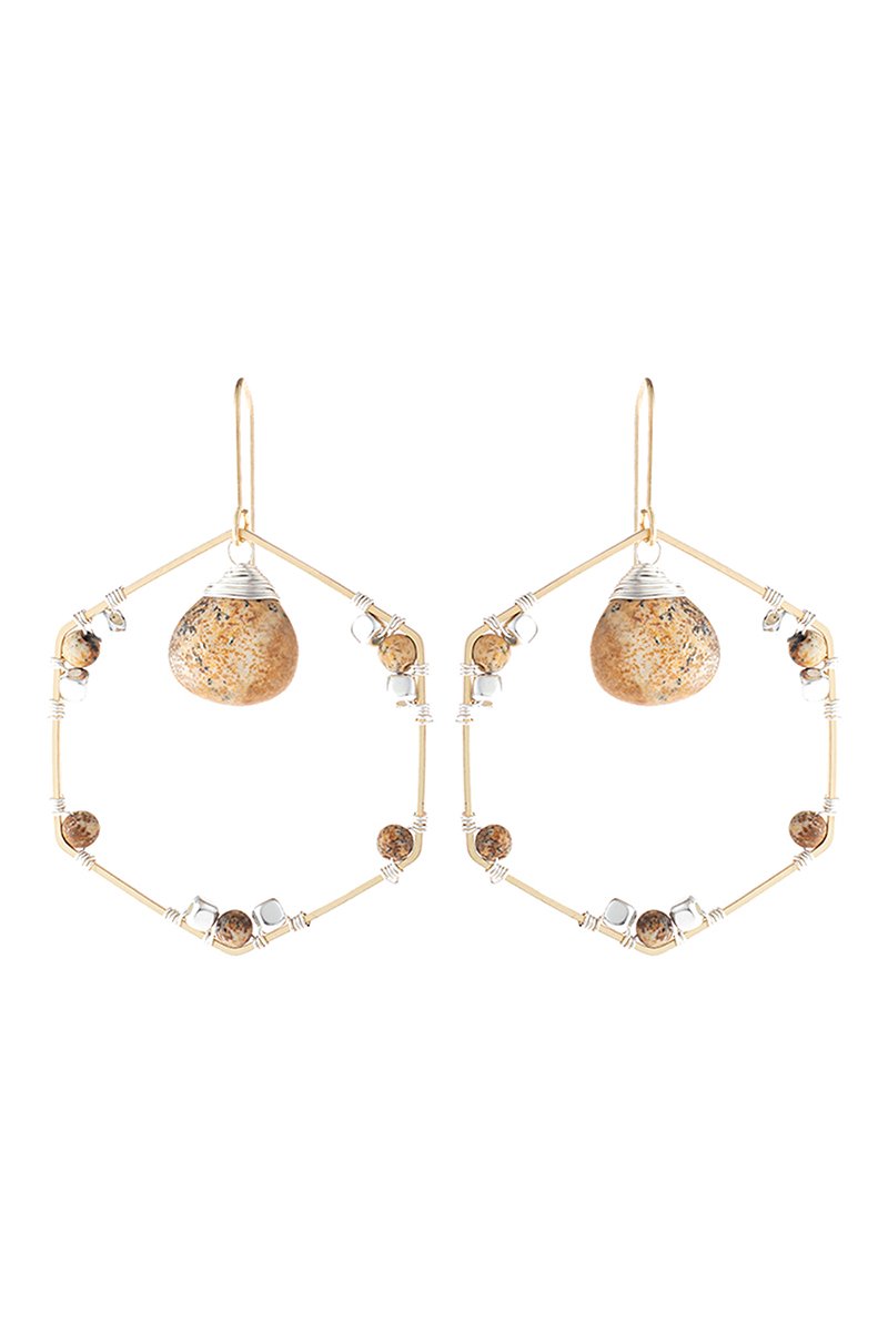 Riah Fashion - Natural Stone Beaded Hexagon Drop Earrings - 5 COLORS -