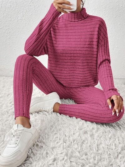 Ribbed Turtleneck Top and Pants Set - 2 PCS. - T - 5 COLORS -