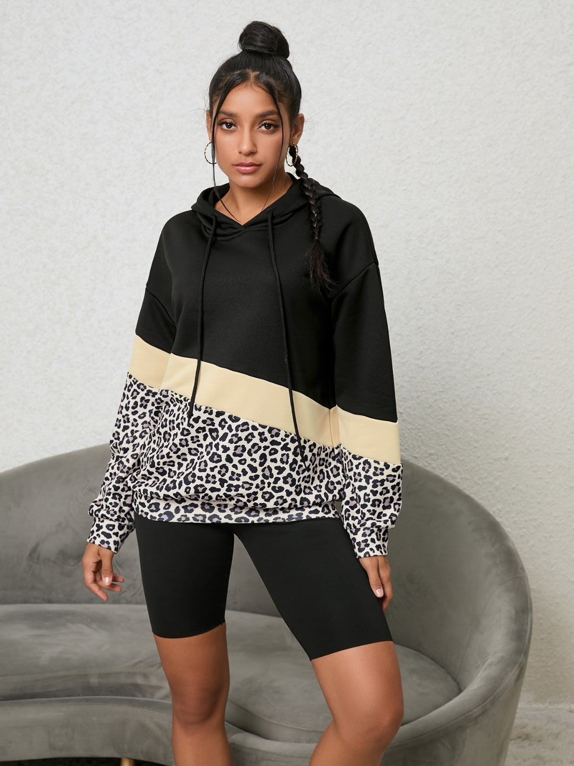 Leopard Color Block Hoodie - T - 1 COLOR -