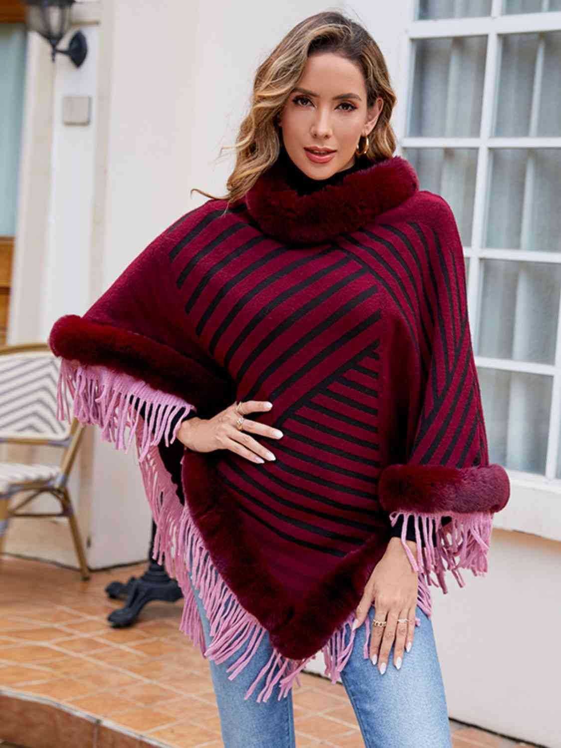 Striped Fringe Hem Poncho - T - 5 COLORS -