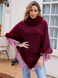 Thumbnail for Striped Fringe Hem Poncho - T - 5 COLORS -