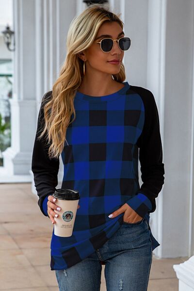 Plaid Round Neck Long Sleeve T-Shirt - T - 5 COLORS -