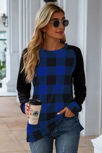 Thumbnail for Plaid Round Neck Long Sleeve T-Shirt - T - 5 COLORS -