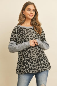 Thumbnail for Riah Fashion - Hacci Brushed Contrast Sleeves Boat Neck Leopard Top - 2 COLORS -